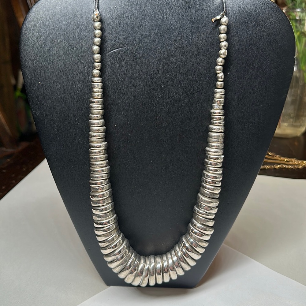 Boho silver disc bead ball necklace on black leather cord